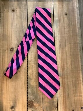 PAUL FREDRICK 100% Silk Pink/Blue Striped Preppy Professional Summer Wedding Tie